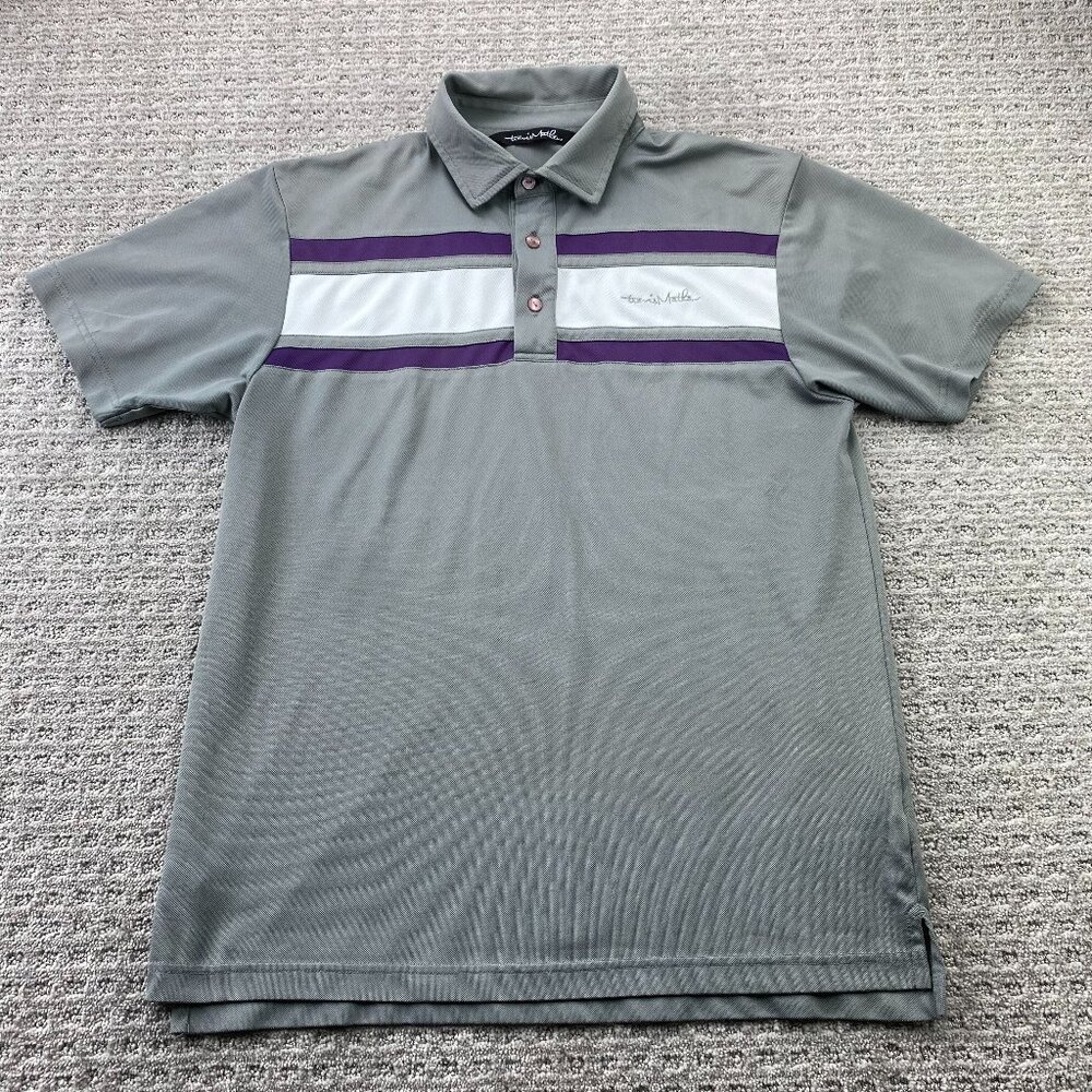 Travis Mathew Golf Shirt Men Medium M Gray Purple White Stripes Activewear Golf